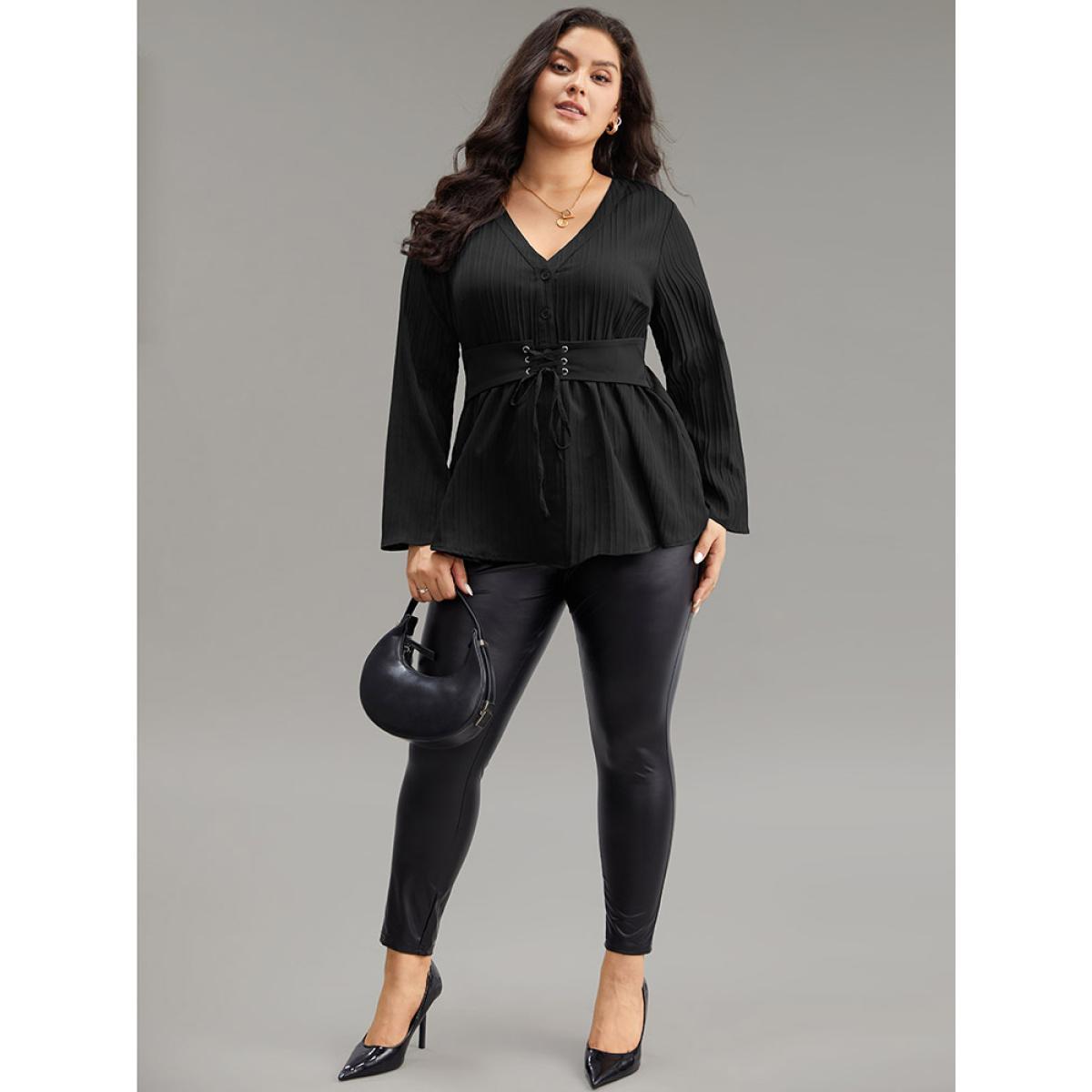 Plus Size Black Solid Textured Button Detail Lace Up Blouse Women At the Office Long Sleeve V-neck Work Blouses BloomChic 26/4X Product Image