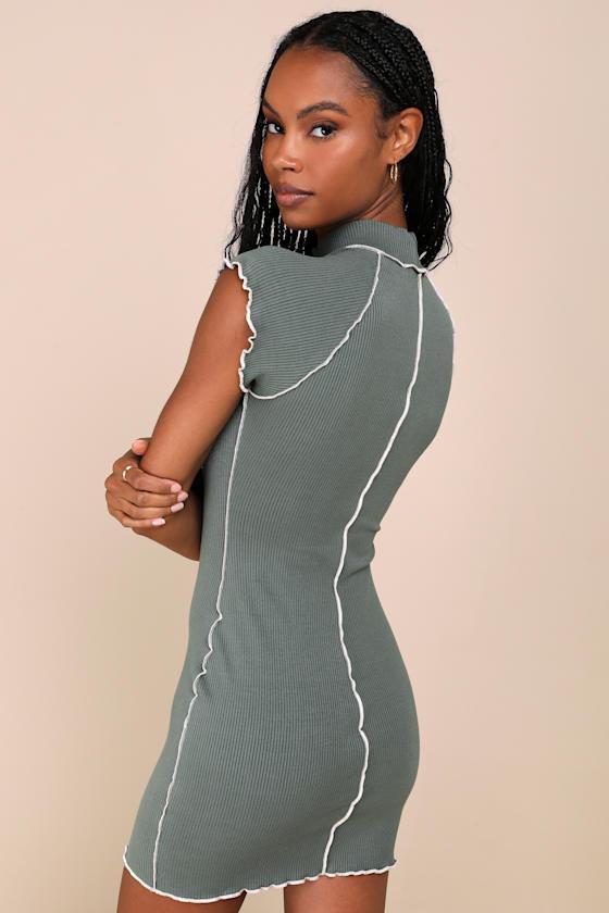 Cool Vibe Olive Green Ribbed Short Sleeve Mock Neck Mini Dress Product Image