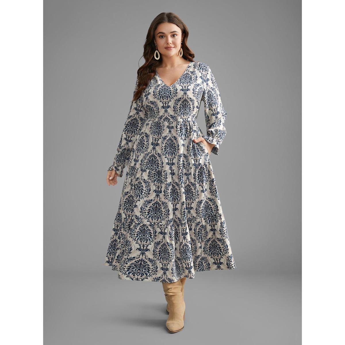 Plus Size V Neck Boho Print Ruffles Maxi Dress DarkBlue Women Resort Ruffles V-neck Long Sleeve Curvy BloomChic 26/4X Product Image