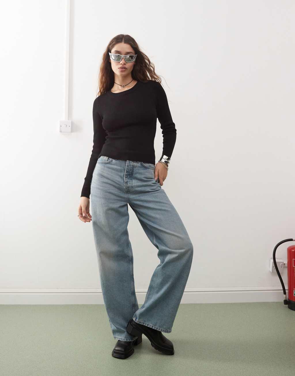 Noisy May crew neck knit sweater in black Product Image