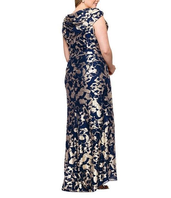 Betsy & Adam Plus Size Cowl Neck Stretch Foil Dress Product Image