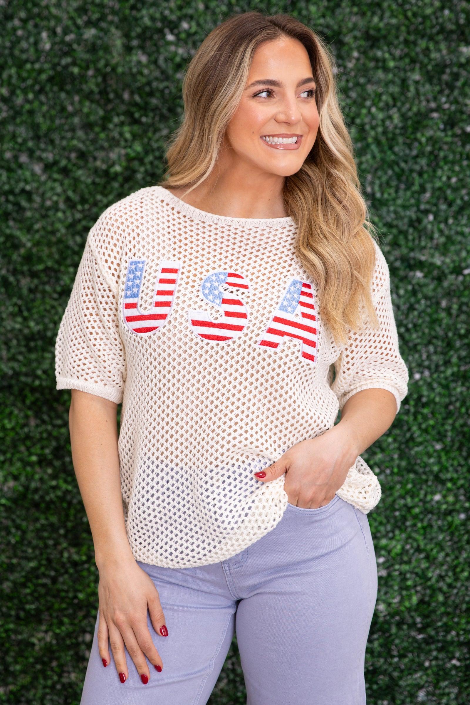 Ivory Pointelle American Flag USA Knit Top Product Image