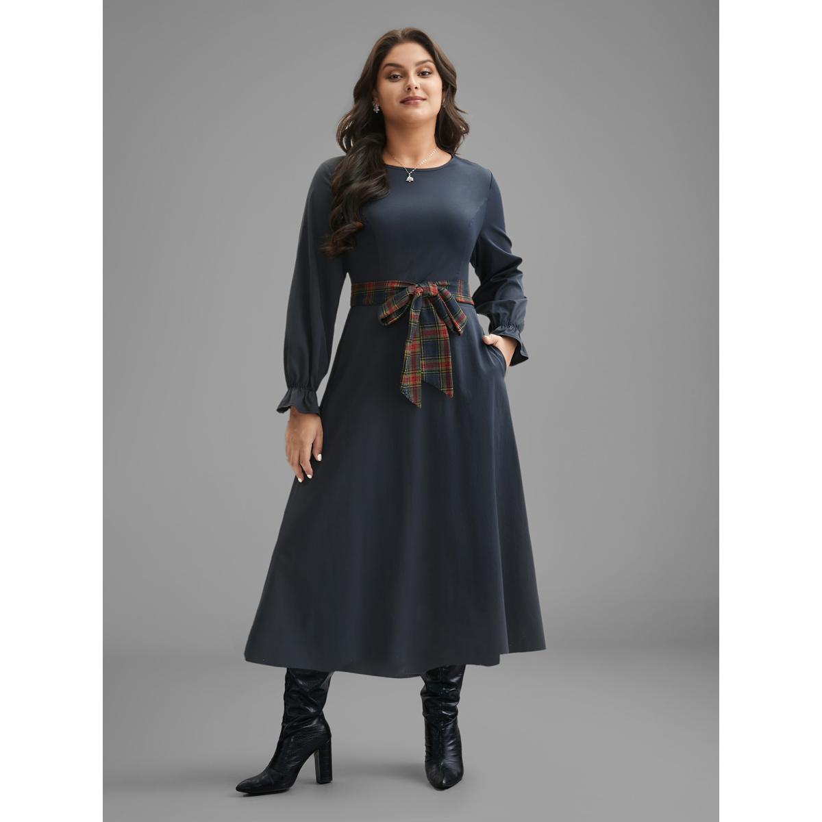 Plus Size Festive Plaid Tie Knot Ruched Midi Dress Indigo Women Casual Tie knot Party Curvy Bloomchic 28/5X Product Image