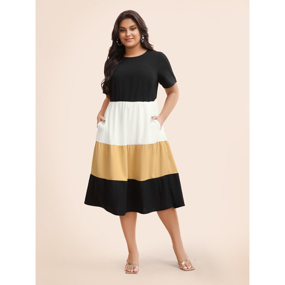 Plus Size Contrast Belted Pocket Layered Hem Dolman Sleeve Dress Black Women Elegant Belted Round Neck Cap Sleeve Curvy Midi Dress BloomChic 28/5X Product Image