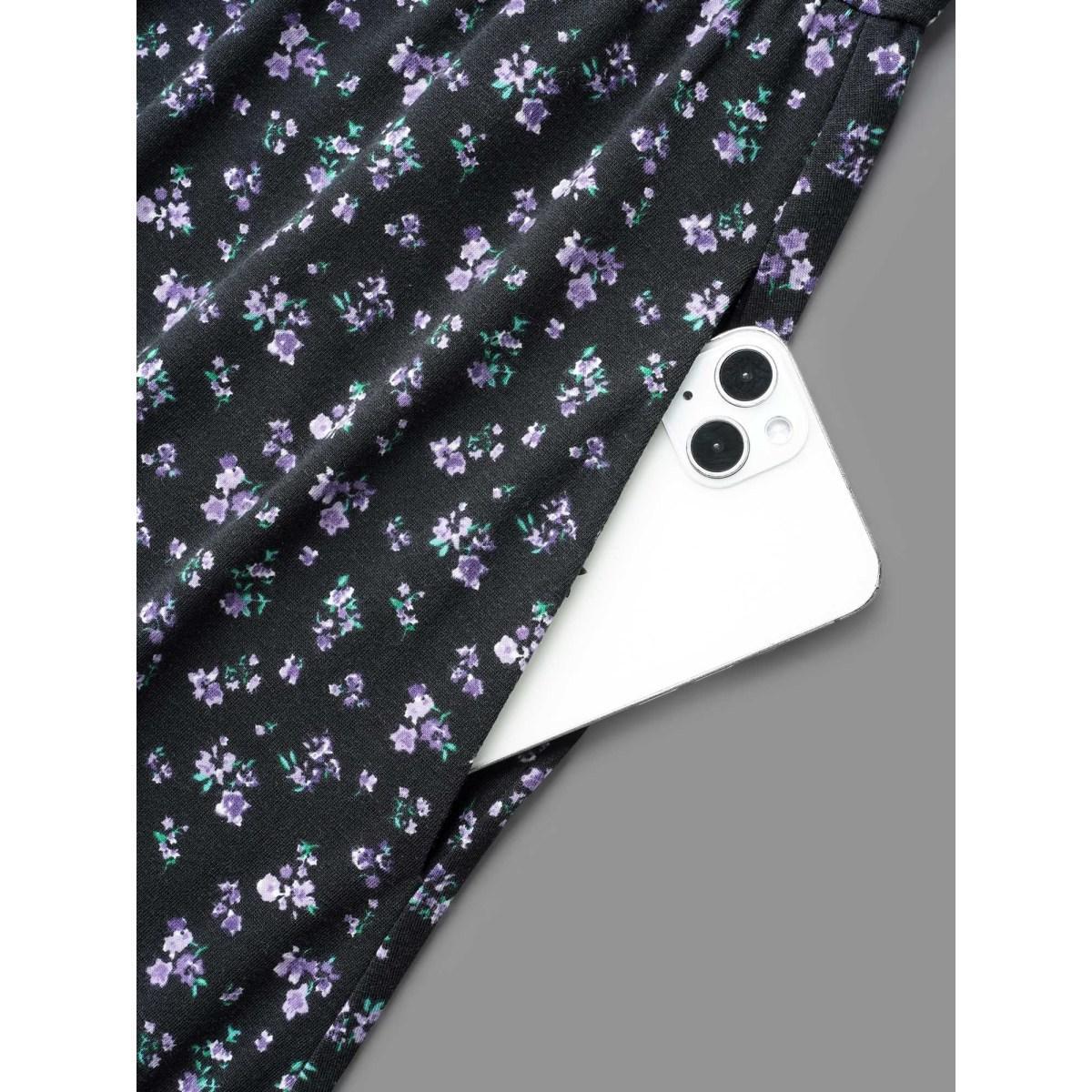 Plus Size Square Neck Ditsy Floral Elastic Waist Dress BlackFlower Women Elegant Non Knit Dresses Bloomchic 30/6X Product Image