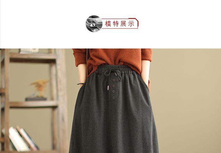 Drawstring Waist Plain Midi A-Line Skirt Product Image