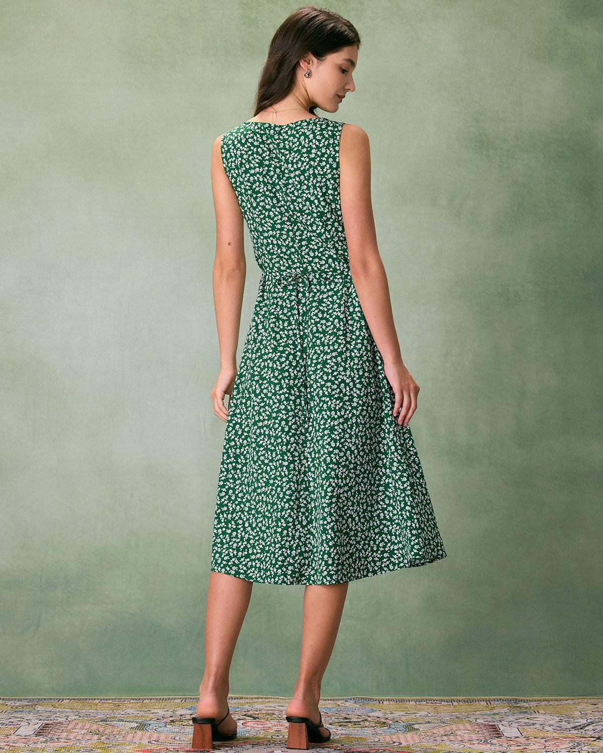 The Green V Neck Floral Button Midi Dress Product Image