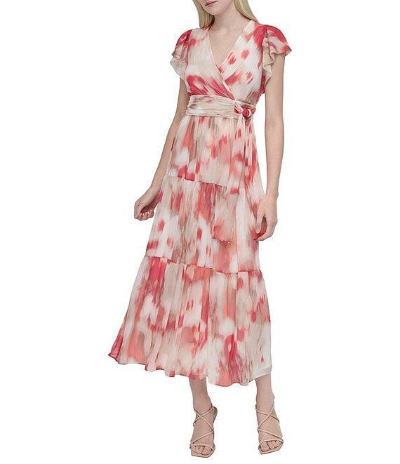 DKNY by Donna Karan Woven Abstract Print V Neck Short Flutter Sleeve Waist Tie A-Line Maxi Dress Product Image