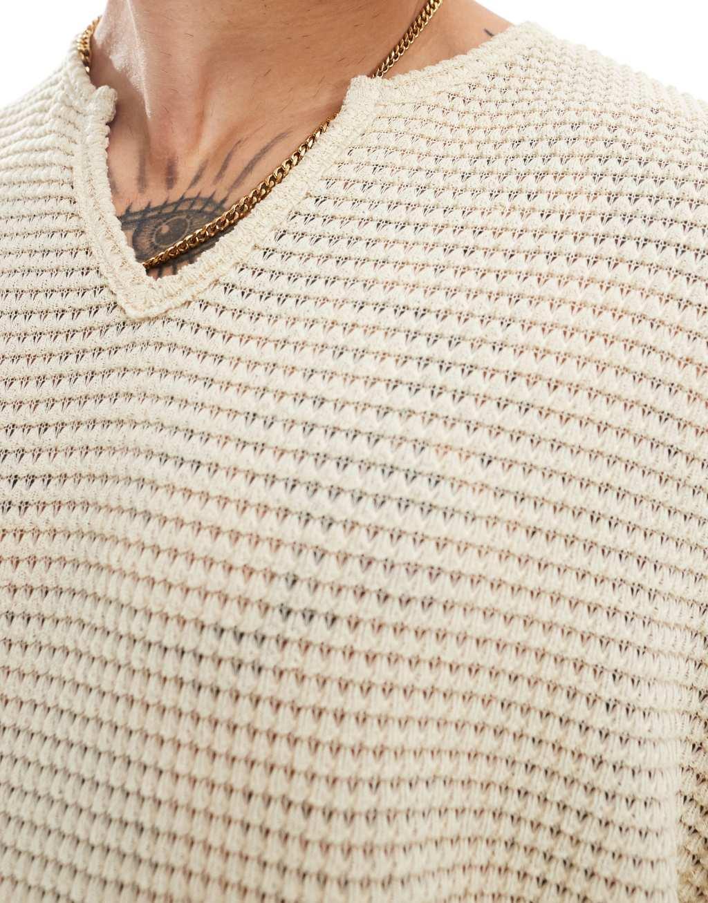 ASOS DESIGN oversized T-shirt with notch neck in beige crochet Product Image