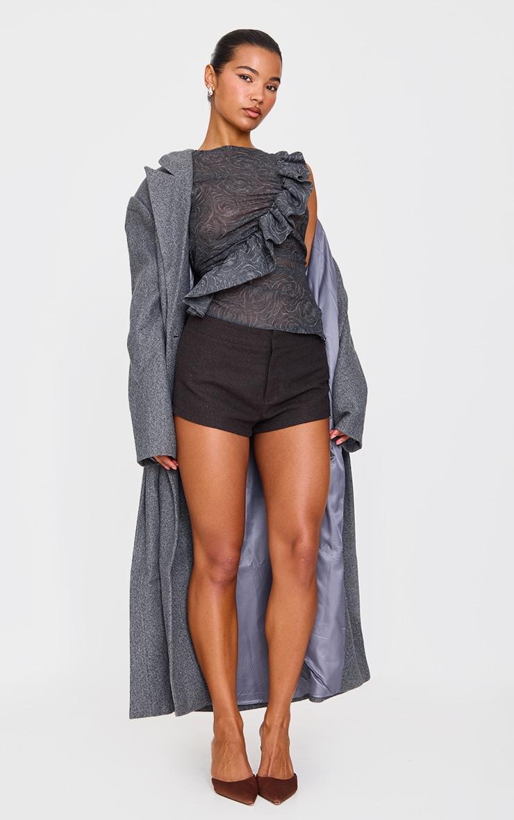 Grey Textured Fitted Chiffon Ruffle Detail Long Top Product Image