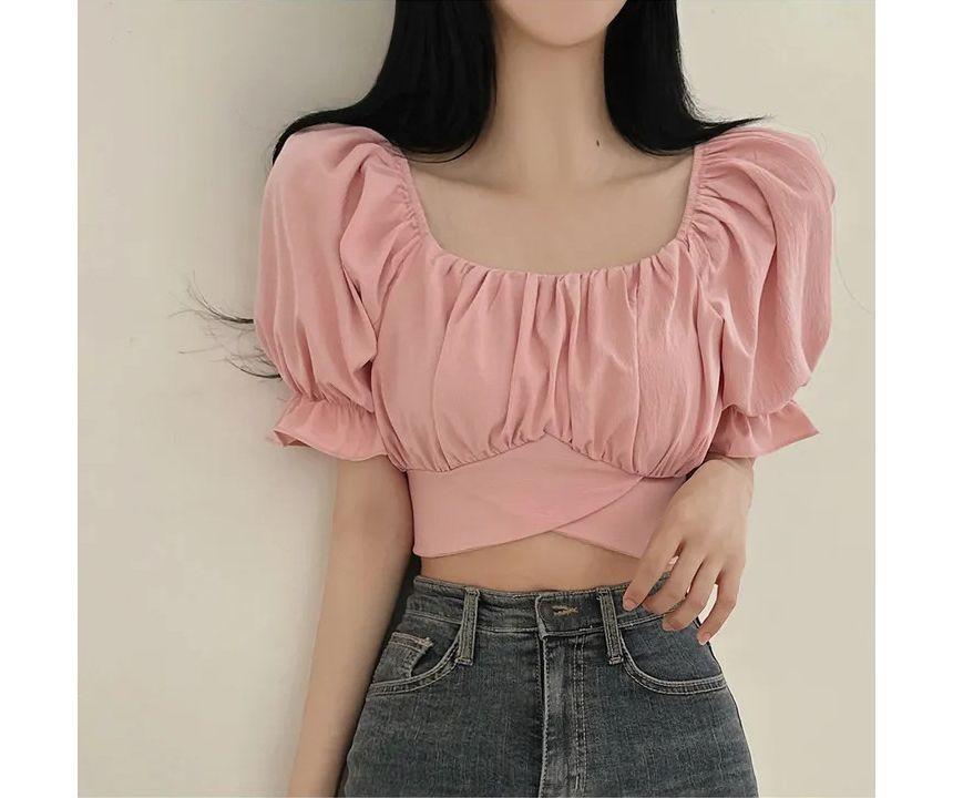 Short-Sleeve Square Neck Plain Crop Blouse Product Image