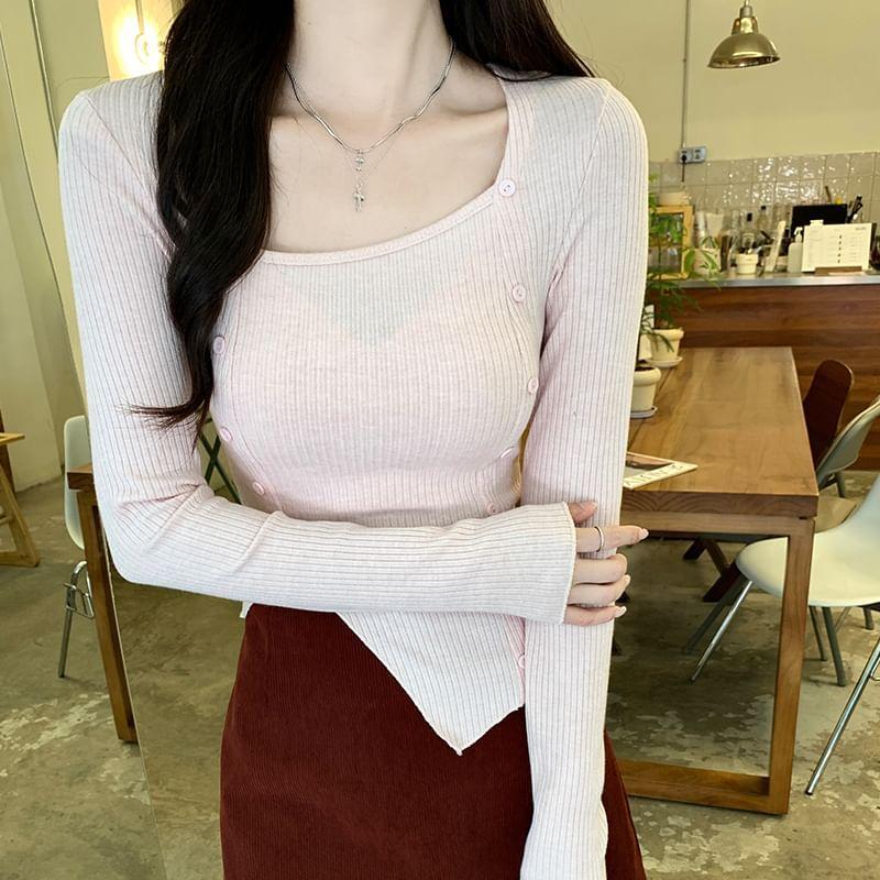 Long Sleeve Square Neck Plain Ribbed Knit Cropped Top Product Image