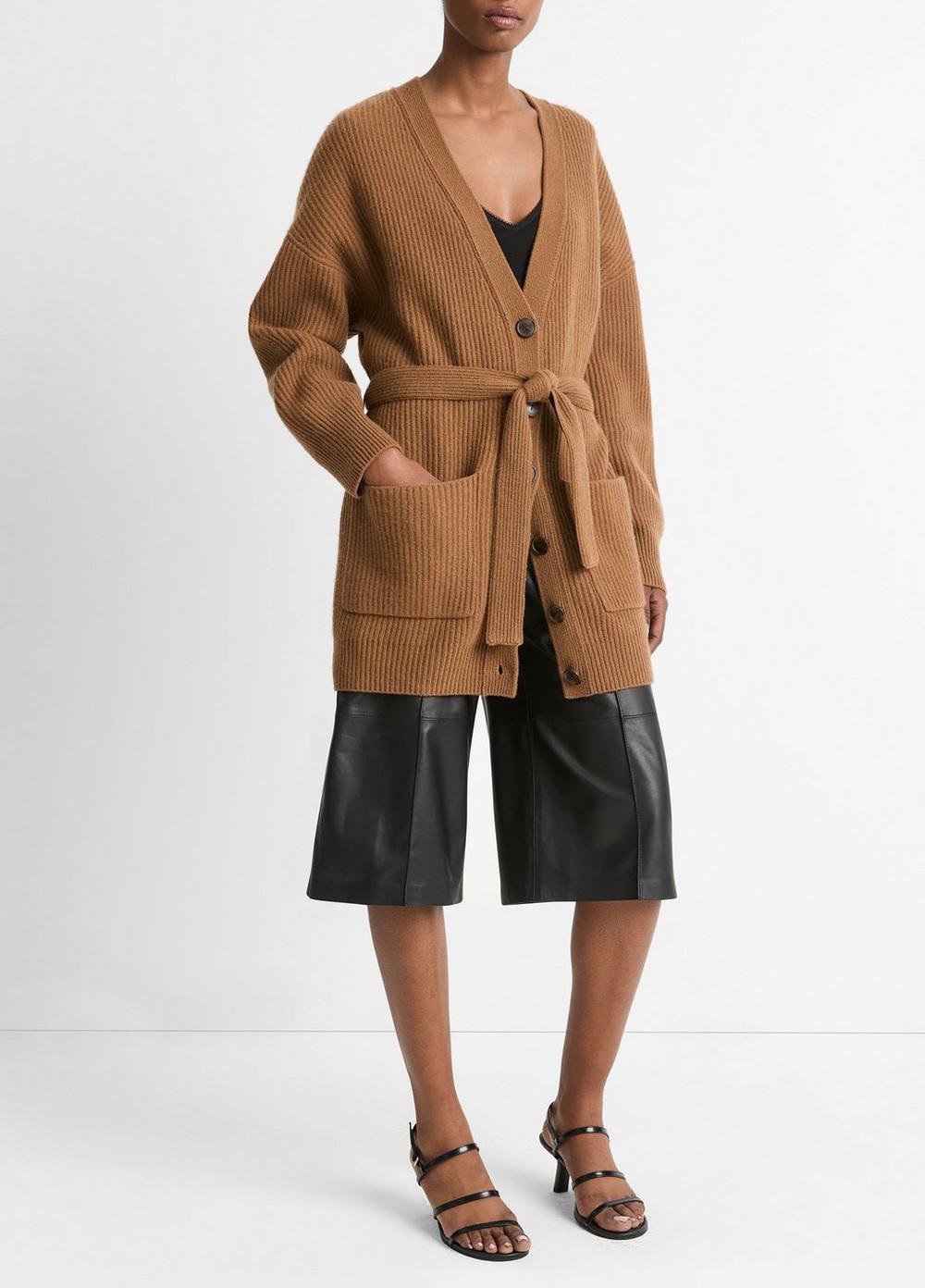 Womens Faux-Leather-Trim Ribbed Wool-Cashmere Cardigan, Almond, Size L Vince Product Image
