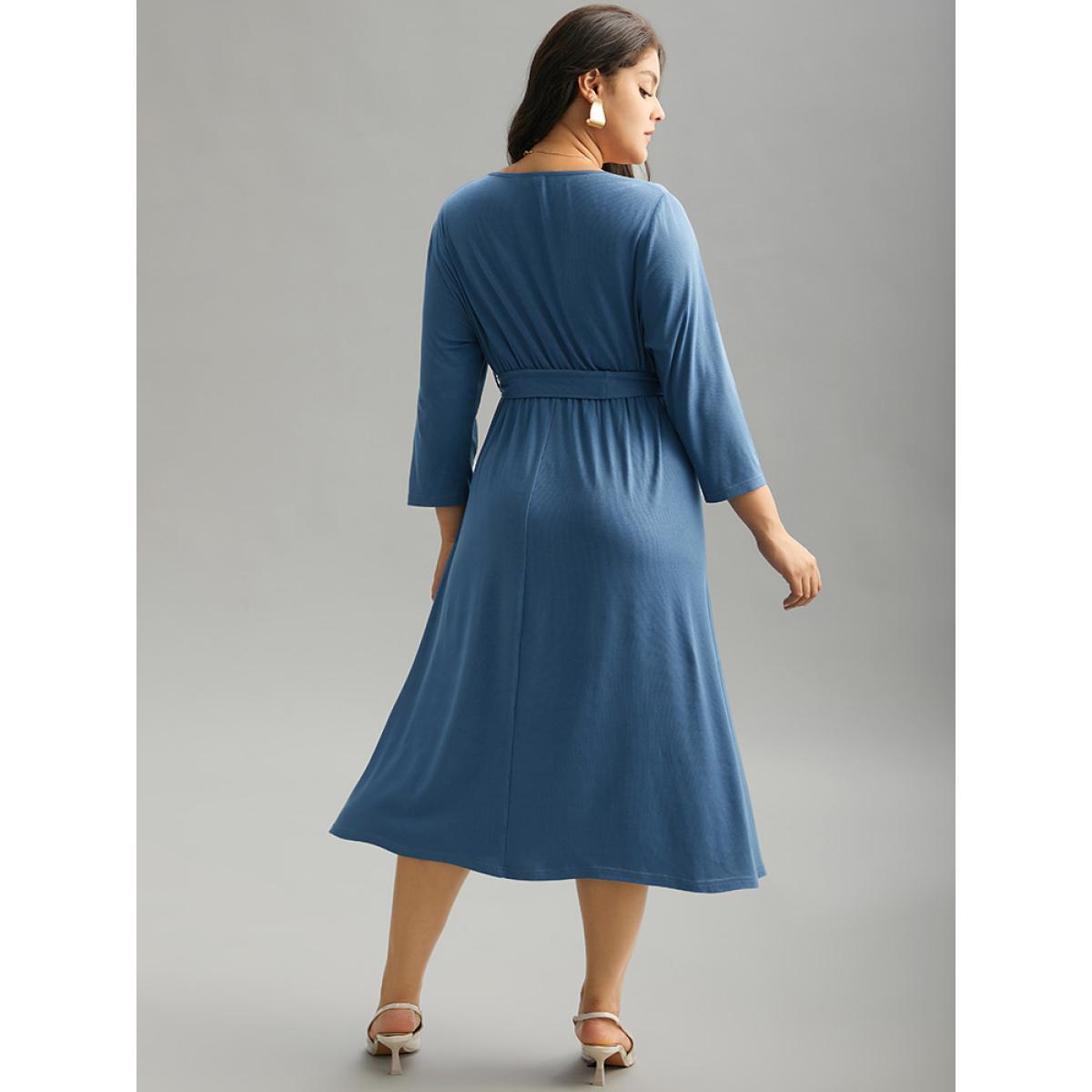 Plus Size Plain Square Neck Arc Hem Belted Wrap Dress Stone Women Office Wrap Square Neck Elbow-length sleeve Curvy Midi Dress BloomChic 14-16/1X Product Image