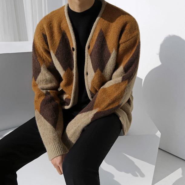 RT No. 3457 KNITTED COLLARLESS DIAMOND CARDIGAN Product Image