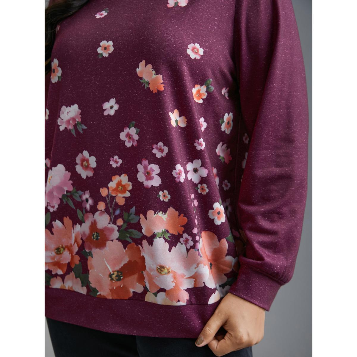 Plus Size Round Neck Floral Stretchy Sleeve Sweatshirt Women Deeppurplered Casual Non Round Neck Everyday Sweatshirts BloomChic 30/6X Product Image