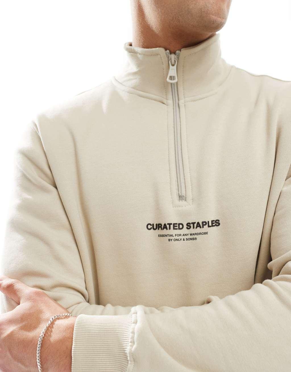 ONLY & SONS curated high neck 1/4 zip sweater in stone Product Image