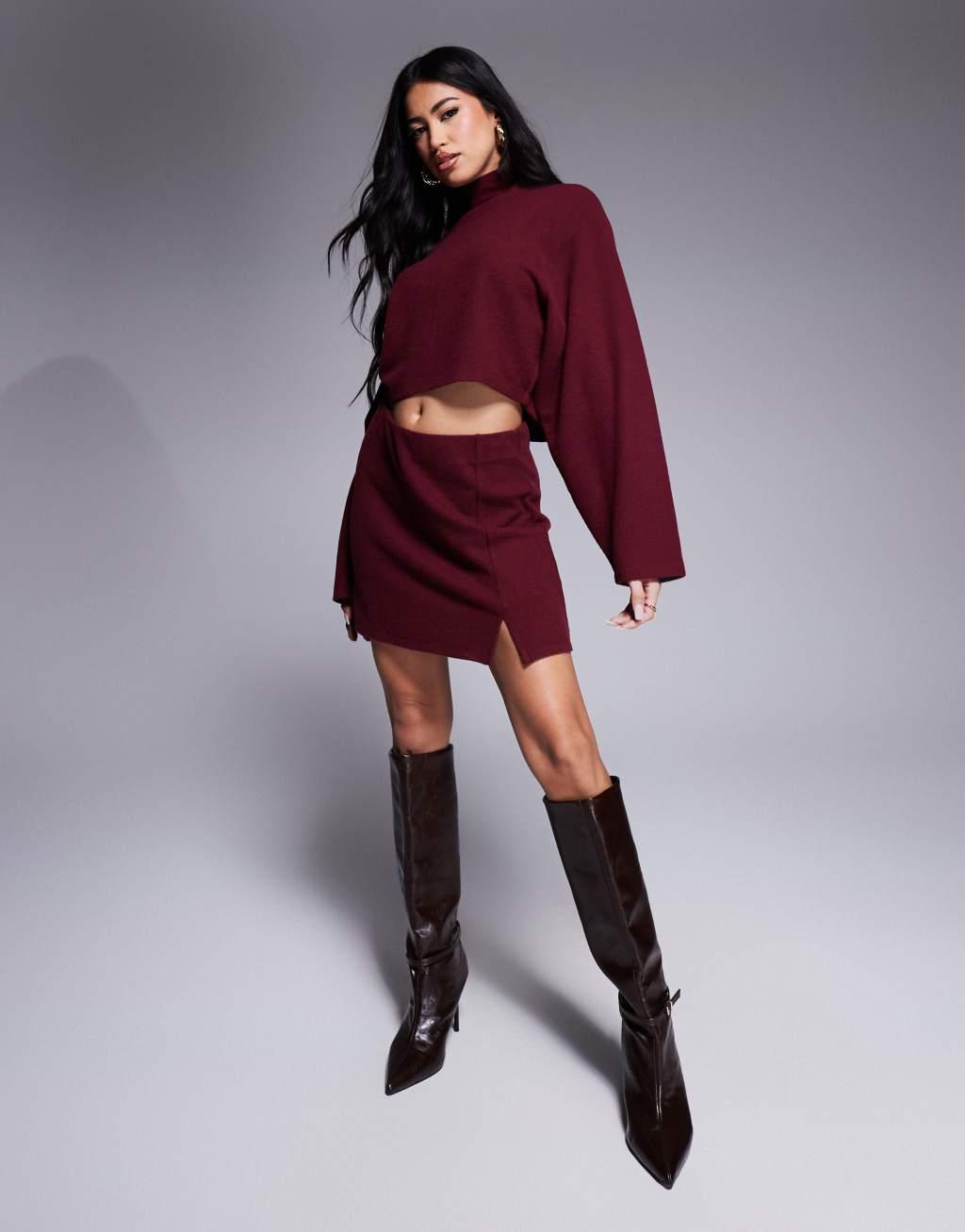 ASOS DESIGN jersey ribbed wide sleeve turtle neck top in burgundy - part of a set Product Image