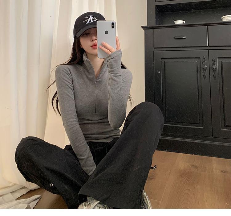 Long Sleeve Stand Collar Plain Half Zip Top Product Image