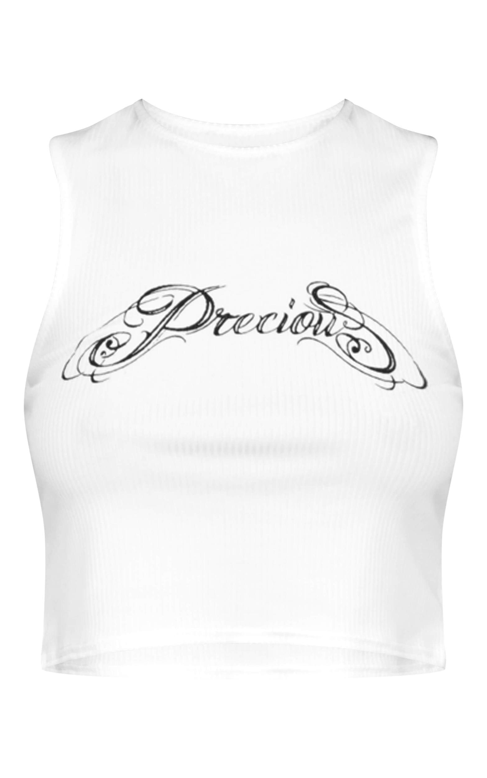 White Graphic Print Racer Neck Crop Top Product Image