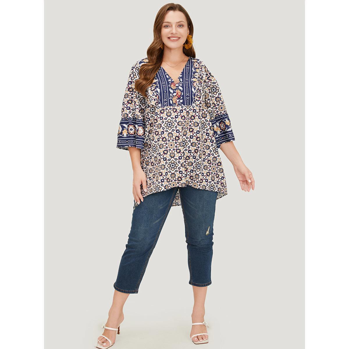 Plus Size Indigo Bandana High Low Hem Bell Sleeve Blouse Women Vacation Elbow-length sleeve V-neck Dailywear Blouses BloomChic 28/5X Product Image