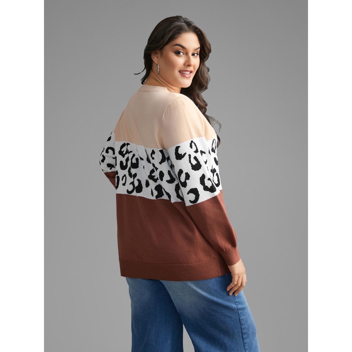 Plus Size Crew Neck Leopard Print Contrast Pullover Browncoffeecolor Women Casual Loose Long Sleeve Round Neck Everyday Pullovers BloomChic 10/M Product Image