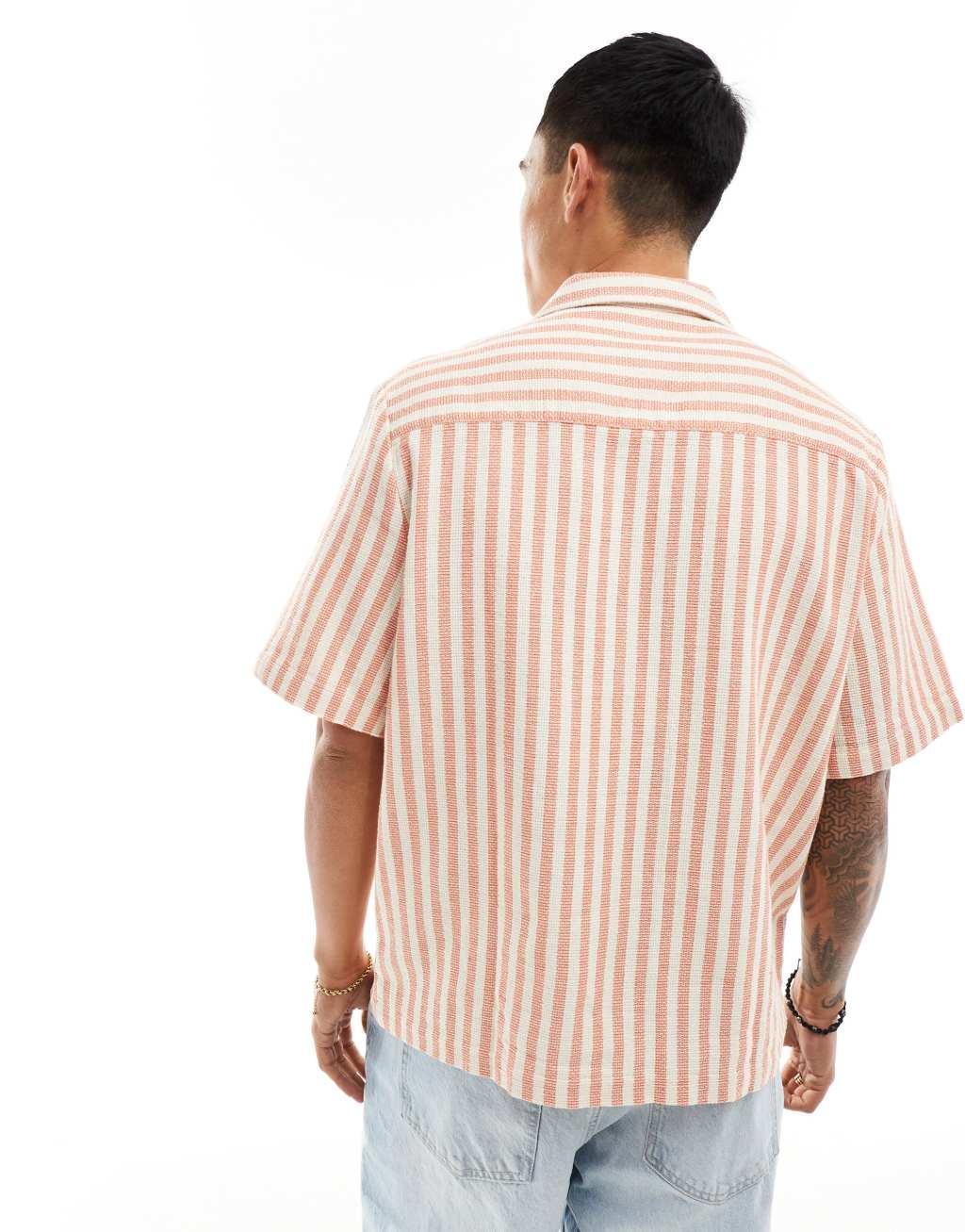 ASOS DESIGN relaxed camp collar shirt in orange basket stripe Product Image