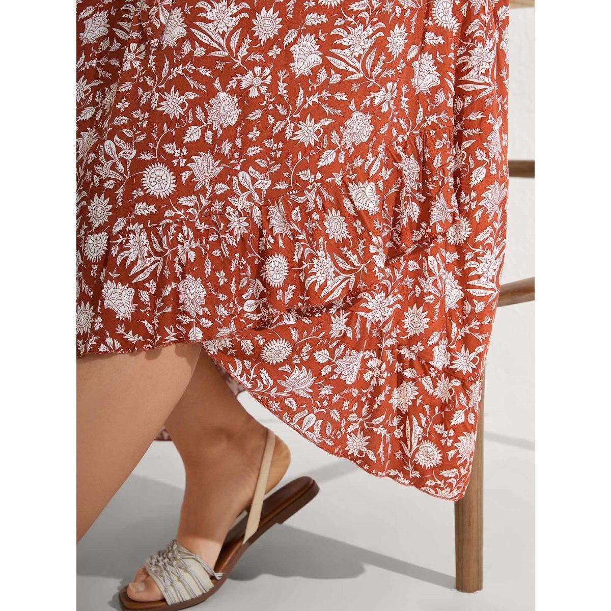 Plus Size Rayon Silhouette Flower Side-Tie Midi Dress Coral Women Overlap Collar Elbow-length sleeve Curvy BloomChic 30/6X Product Image