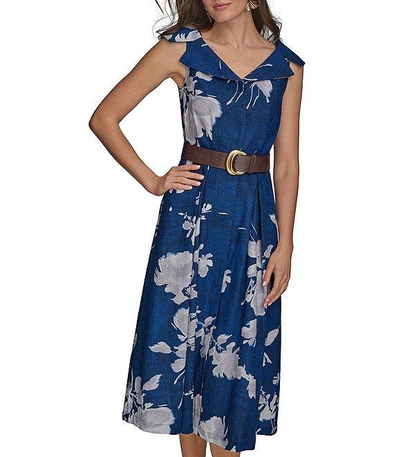 Donna Karan V-Neck Floral Print Belted Midi Dress Product Image