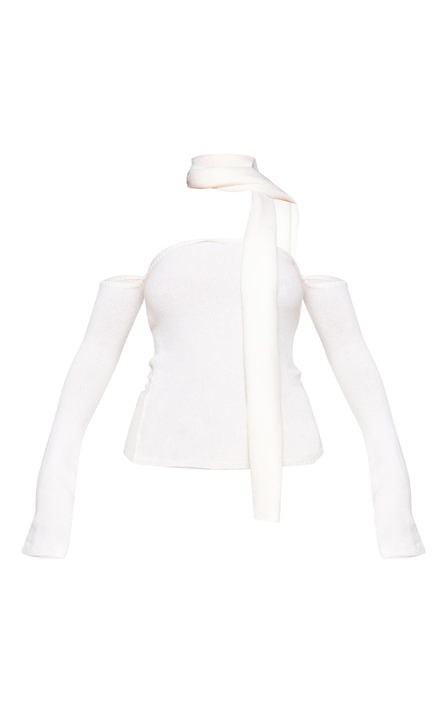 Cream Soft Knit Cold Shoulder Top And Scarf Detail Product Image