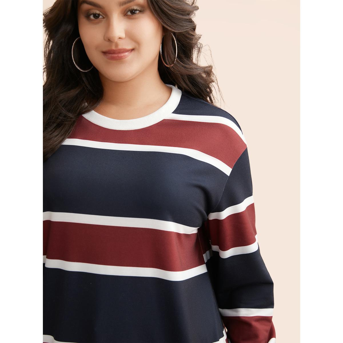 Plus Size Contrast Striped Drop Shoulder Sweatshirt Women Multicolor Casual Contrast Round Neck Everyday Sweatshirts BloomChic 10/M Product Image