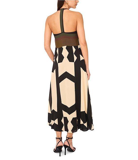 Vince Camuto Woven Abstract Print V-Neck Sleeveless Printed Midi Dress Product Image