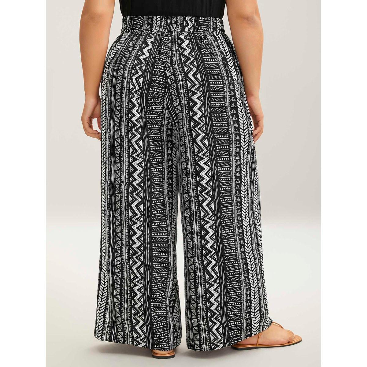 Plus Size Waist-Tie Wide-Leg Boho Print Pants Women Black Casual Wide Leg Mid Rise Everyday-Casual Pants BloomChic 12/L Product Image