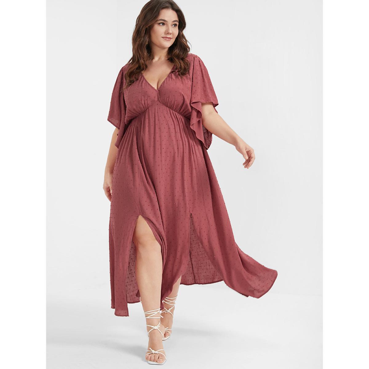 Plus Size Solid V Neck Ruffles Split Embroidered Maxi Dress DustyPink Women Elegant Elastic Waist V-neck Short sleeve Curvy Long Dress BloomChic 30/6X Product Image