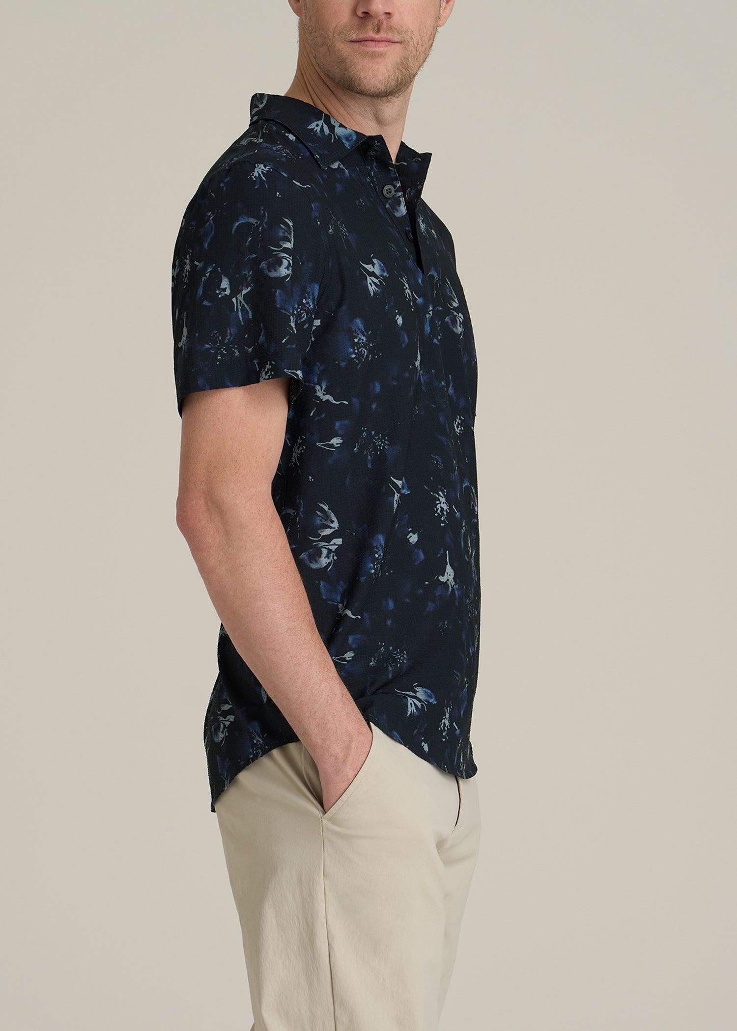 Coastal Perforated Tall Men's Polo Shirt in Black and Violet Floral Product Image