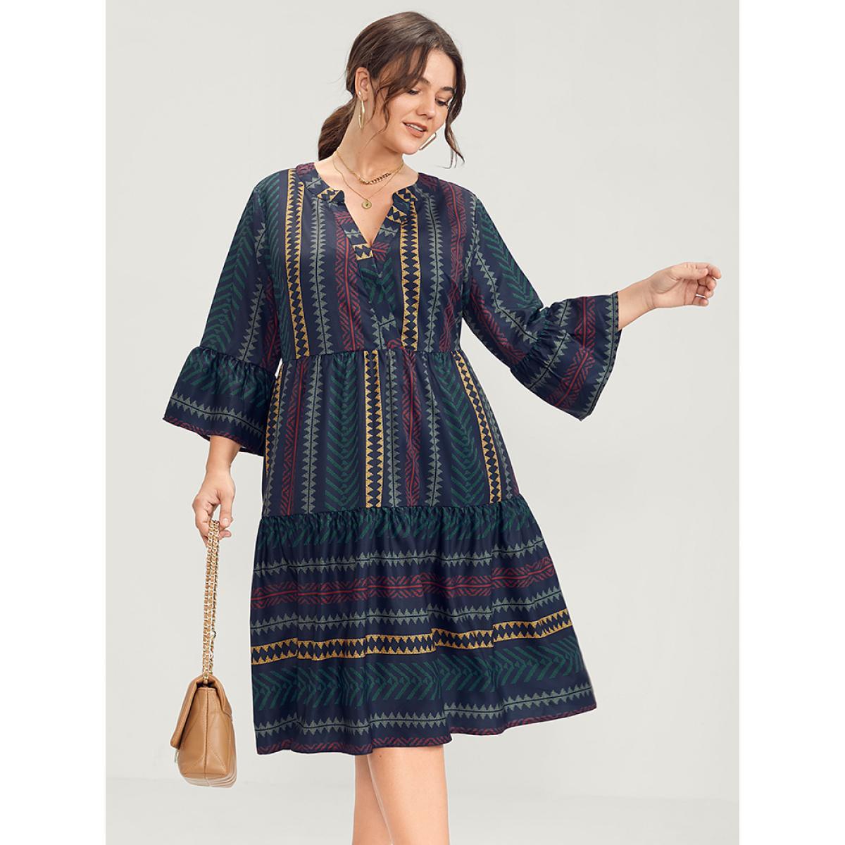 Plus Size Bloom Dress -Geometric Pocket Ruffles V Neck Knee Dress Multicolor Women Vacation Pocket V-neck Elbow-length sleeve Curvy Knee Dress BloomChic 12/L Product Image