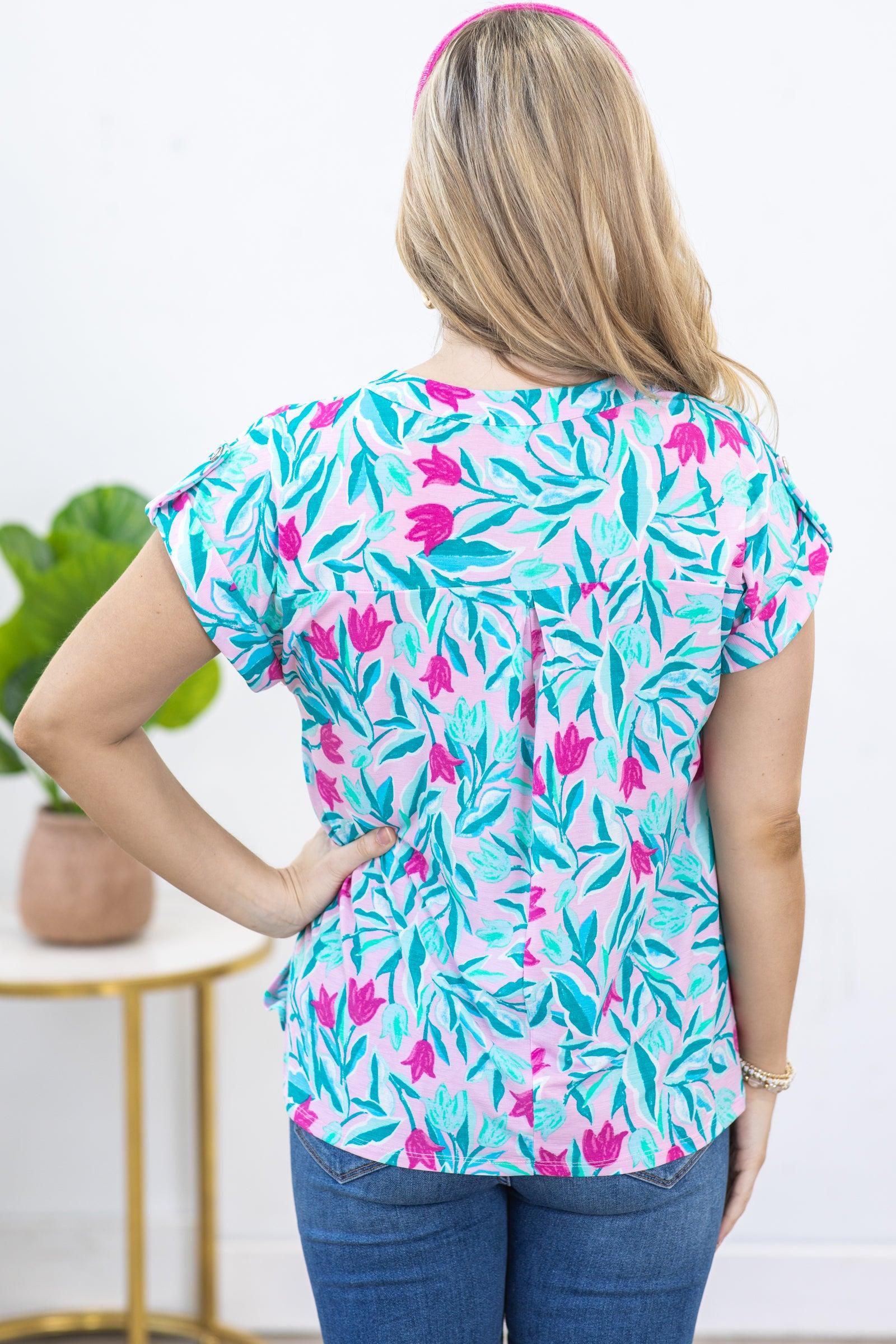 Blush and Teal Wrinkle Free Lizzy Top Product Image