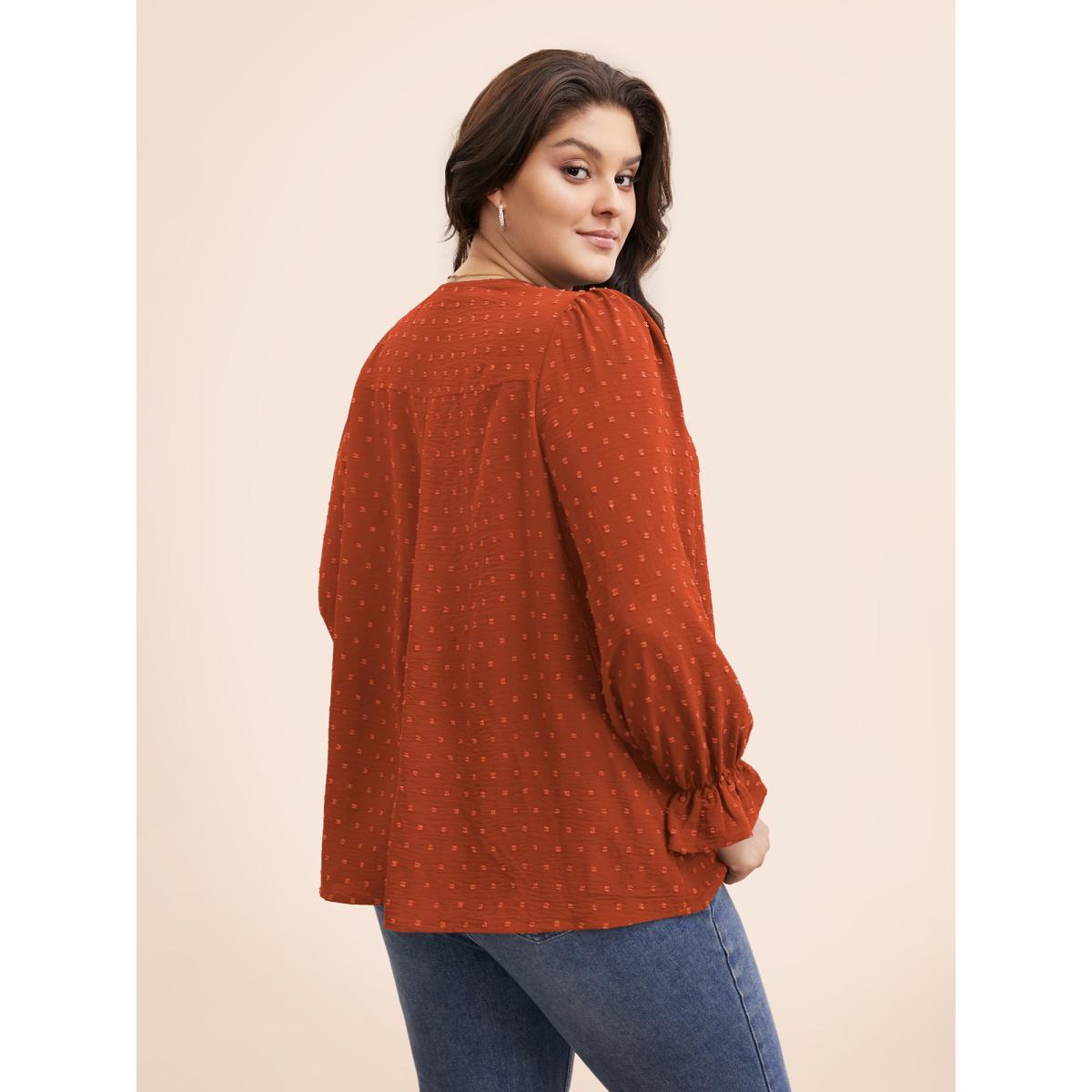 Plus Size Rust Textured Lace Trim Patchwork Ruffles Blouse Women Elegant Long Sleeve V-neck Everyday Blouses BloomChic 18-20/2X Product Image