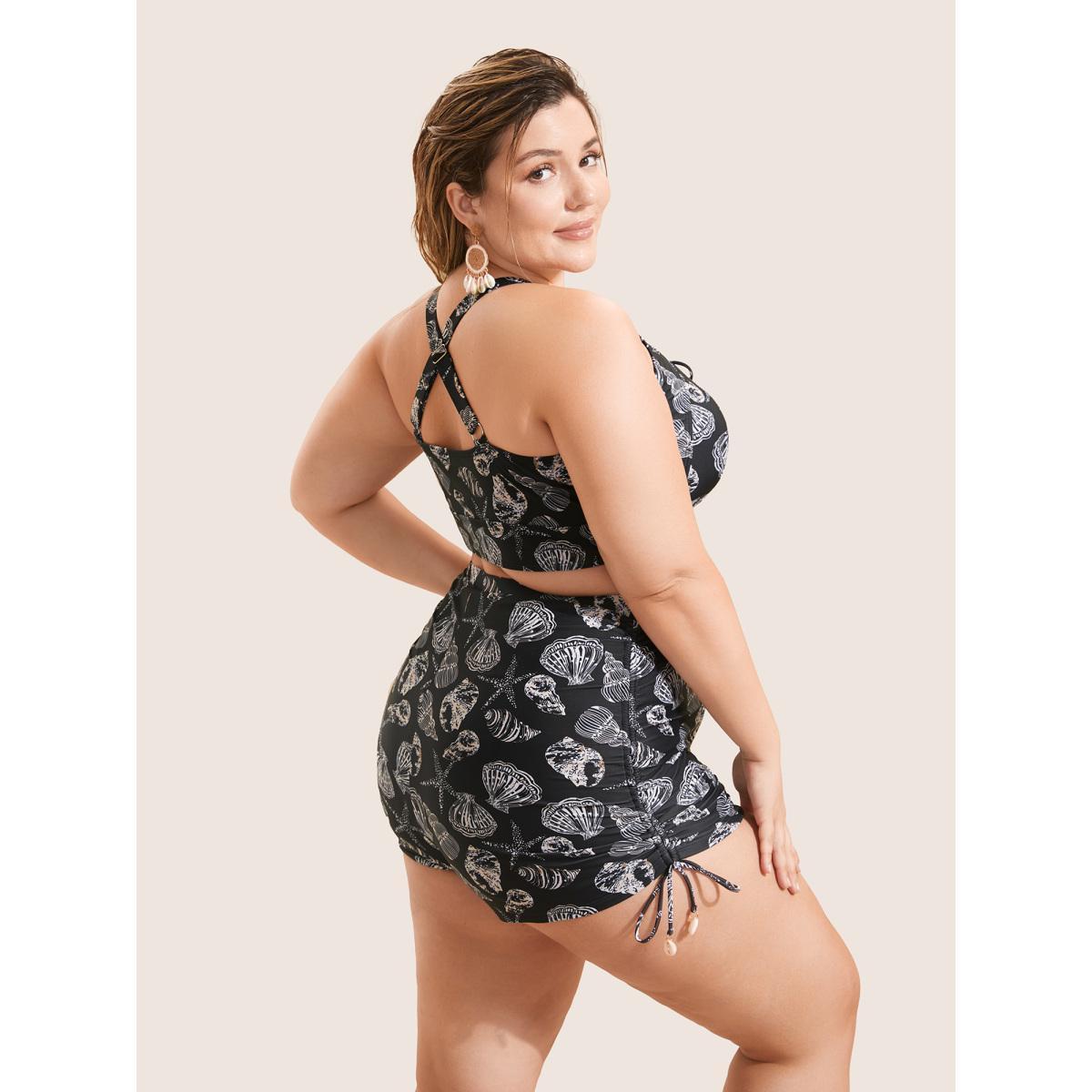 Plus Size Shell Print Drawstring Ruched Skinny Swim Top Women's Swimwear Black Beach Gathered High stretch Skinny Heart neckline Curve Swim Tops BloomChic 26/4X Product Image