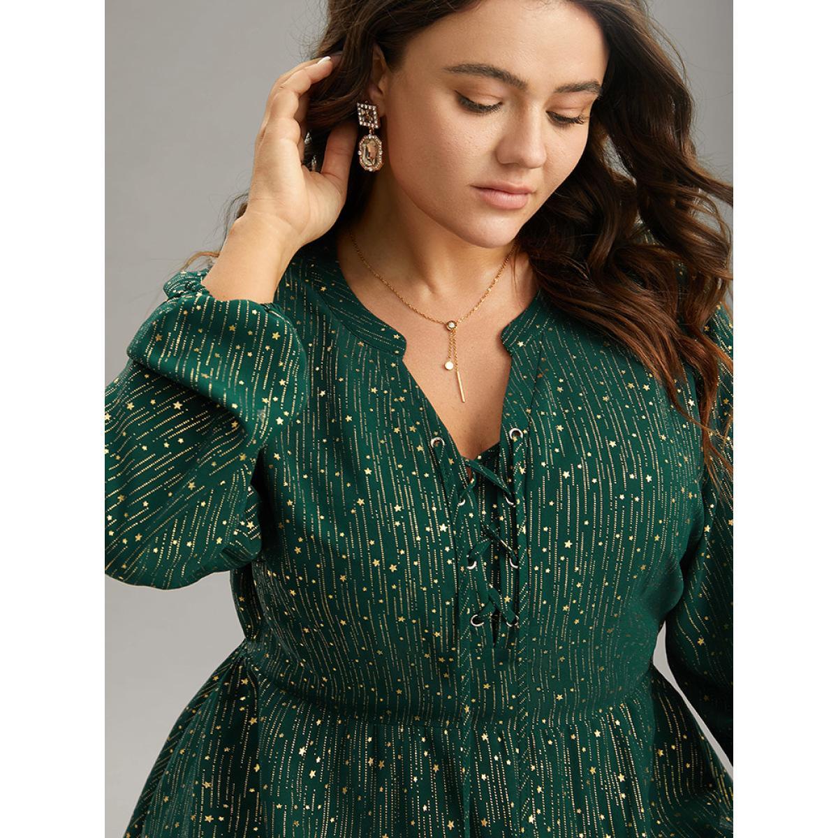 Plus Size Cyan Glitter Lantern Sleeve Elastic Waist Lace Up Blouse Women Cocktail Long Sleeve Tie Neck Party Blouses BloomChic 12/L Product Image