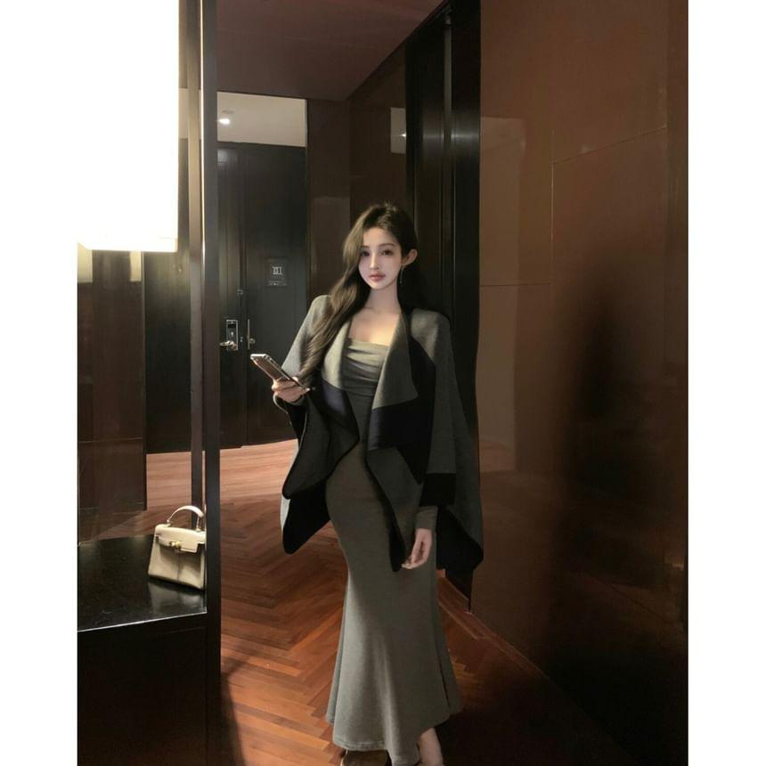 Two Tone Open Front Coat / Long-Sleeve Scoop Neck Plain Ruffle Trim Maxi Mermaid Dress Product Image