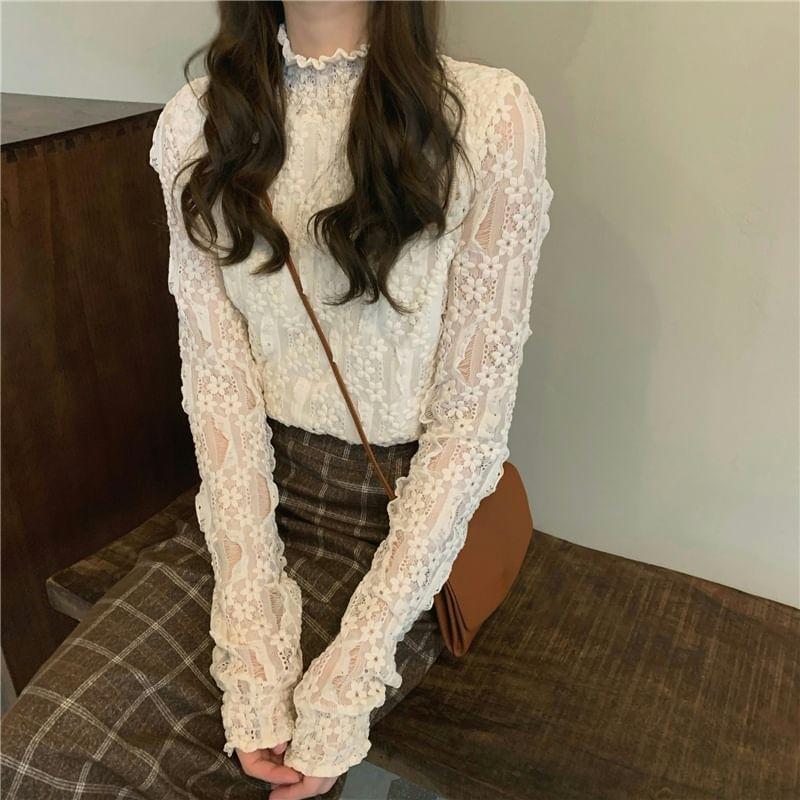 Long Sleeve Stand Collar Plain Lace Top Product Image