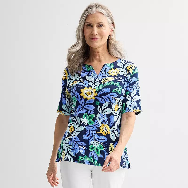 Women's Croft & Barrow® Elbow-Sleeve Splitneck Top, Size: Medium, Pink Tidy Stripe Product Image
