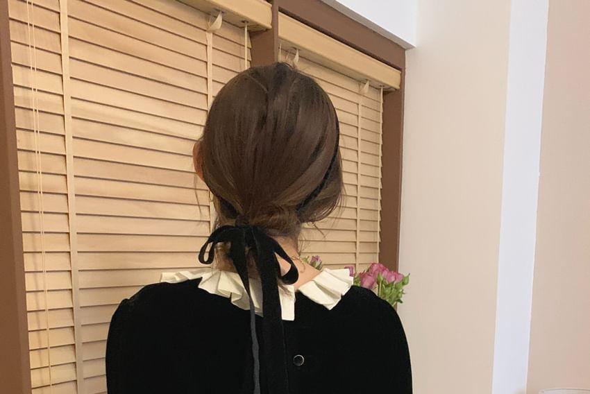 Long Sleeve Collared Two Tone Pleated Panel Velvet Blouse Product Image