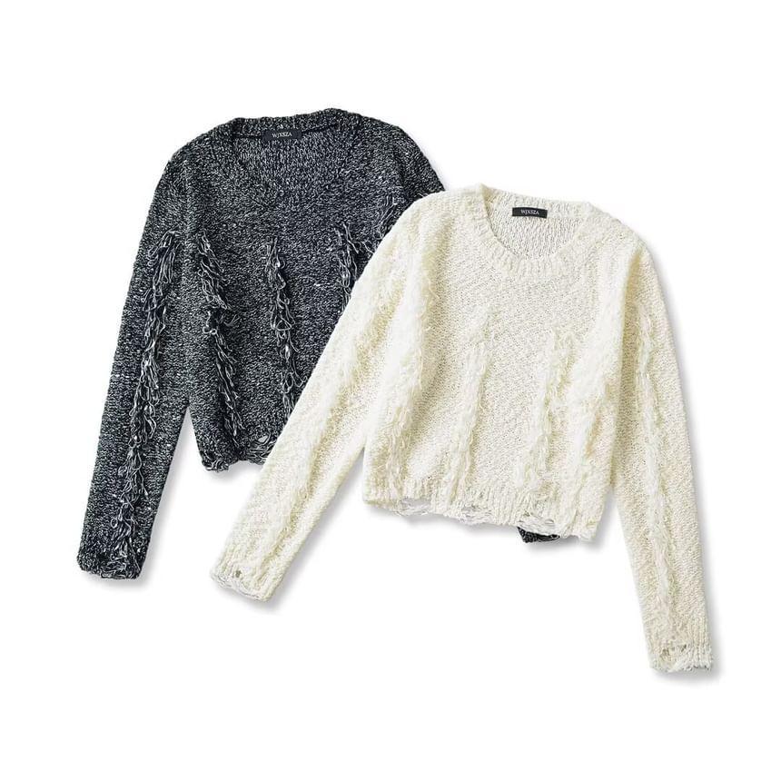 Crew Neck Plain Distressed Crop Sweater Product Image