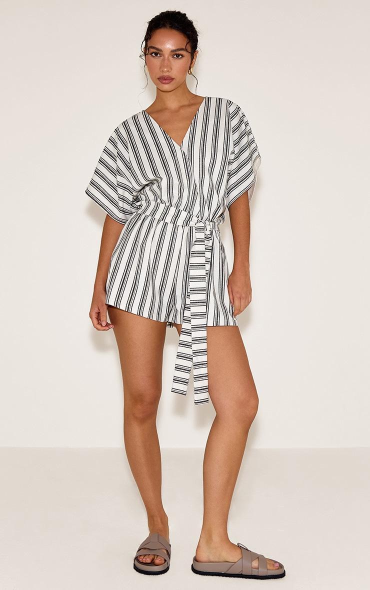 White Woven Stripe Bag Wing Tie Romper Product Image