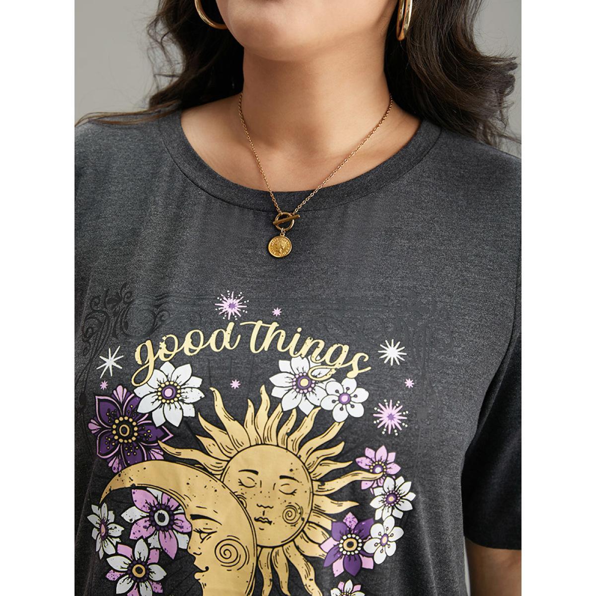 Plus Size Horoscope Print Round Neck T-shirt DimGray Women Casual Printed Star and moon Dailywear T-shirts BloomChic 22-24/3X Product Image