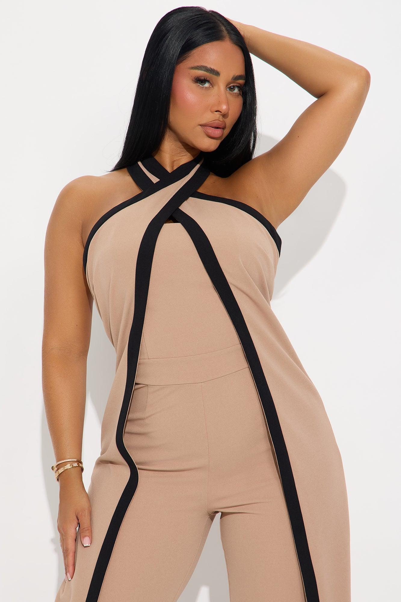 For The Moment Draped Halter Jumpsuit - Taupe/combo Product Image