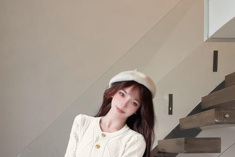 Long-Sleeve V-Neck Button-Up Plain Knit Mini Dress Product Image