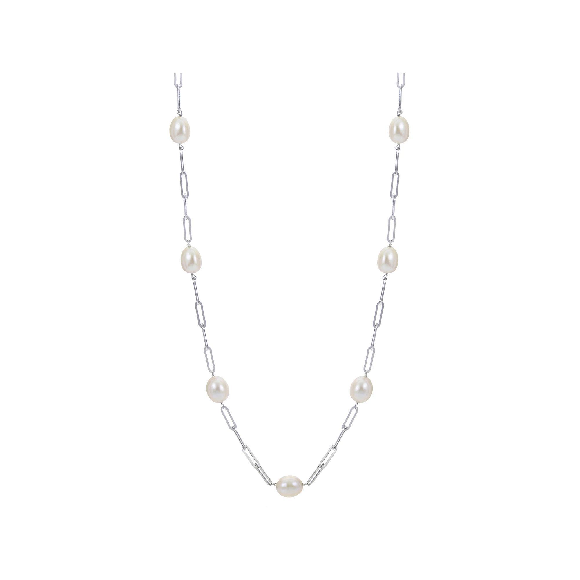 PearLustre by Imperial Sterling Silver Cultured Pearl Paper Clip Chain Station Necklace, Womens Product Image